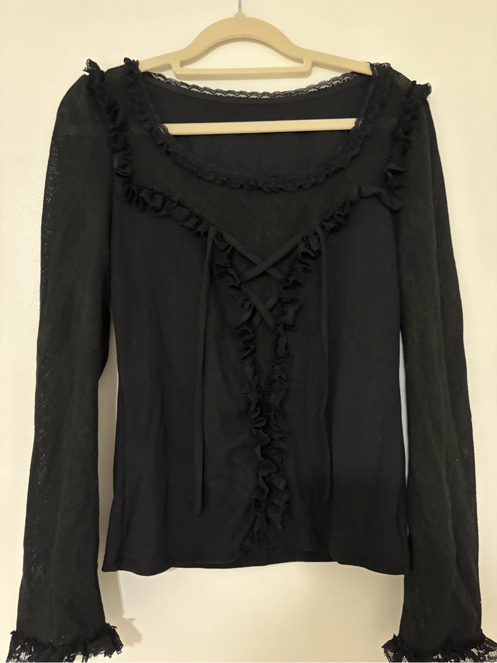 Lacemade Women's Black Ruffle Lace-Up Long Sleeve Top